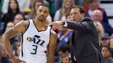 Nov 4, 2016; Salt Lake City, UT, USA; Utah Jazz head coach Quin Snyder talks with guard George Hill (3) during the first half against the San Antonio Spurs at Vivint Smart Home Arena. Mandatory Credit: Russ Isabella-USA TODAY Sports