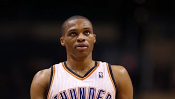 Feb. 10, 2013; Phoenix, AZ, USA: Oklahoma City Thunder point guard Russell Westbrook against the Phoenix Suns at the US Airways Center. Mandatory Credit: Mark J. Rebilas-USA TODAY Sports