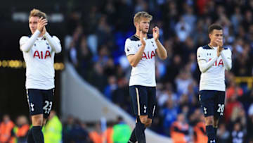 LONDON, ENGLAND - OCTOBER 02: (L/R) Christian Eriksen of Tottenham Hotspur, Eric Dier of Tottenham Hotspur, Dele Alli of Tottenham Hotspur shows apperciation to the fans after the final whistle during the Premier League match between Tottenham Hotspur and Manchester City at White Hart Lane on October 2, 2016 in London, England. (Photo by Tottenham Hotspur FC/Tottenham Hotspur FC via Getty Images)