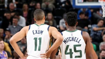 SALT LAKE CITY, UT - OCTOBER 2: Dante Exum #11 and Donovan Mitchell #45 of the Utah Jazz are seen during a preseason game. (Photo by Melissa Majchrzak/NBAE via Getty Images)