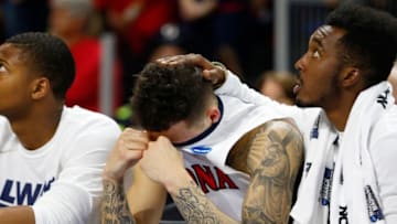 Mar 17, 2016; Providence, RI, USA; Arizona Wildcats guard Gabe York (1) reacts after a loss to the Wichita State Shockers during the second half of a first round game of the 2016 NCAA Tournament at Dunkin Donuts Center. Wichita State won 65-55. Mandatory Credit: Winslow Townson-USA TODAY Sports