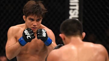 MONTERREY, MEXICO - NOVEMBER 21: (L-R) Henry Cejudo of the United States battles Jussier Formiga of Brazil in their flyweight bout during the UFC Fight Night event at Arena Monterrey on November 21, 2015 in Monterrey, Mexico. (Photo by Jeff Bottari/Zuffa LLC/Zuffa LLC via Getty Images)