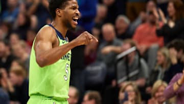 MINNEAPOLIS, MINNESOTA - FEBRUARY 08: Malik Beasley #5 of the Minnesota Timberwolves pumps up the crowd during the first half of the game against the Los Angeles Clippers at Target Center on February 8, 2020 in Minneapolis, Minnesota. NOTE TO USER: User expressly acknowledges and agrees that, by downloading and or using this Photograph, user is consenting to the terms and conditions of the Getty Images License Agreement (Photo by Hannah Foslien/Getty Images)