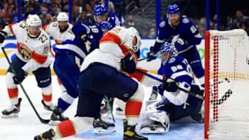 TAMPA, FLORIDA - OCTOBER 19: Aleksander Barkov #16 of the Florida Panthers scores a goal in the third period during a game against the Tampa Bay Lightning at Amalie Arena on October 19, 2021 in Tampa, Florida. (Photo by Mike Ehrmann/Getty Images)