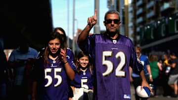 LONDON, ENGLAND - SEPTEMBER 24: Ravens fans make their way to the stadium prior to the NFL International Series match between Baltimore Ravens and Jacksonville Jaguars at Wembley Stadium on September 24, 2017 in London, England. (Photo by Alex Pantling/Getty Images)