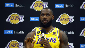 EL SEGUNDO, CALIFORNIA - SEPTEMBER 26: LeBron James #6 of the Los Angeles Lakers speaks with the media during Los Angeles Lakers media day at UCLA Health Training Center on September 26, 2022 in El Segundo, California. NOTE TO USER: User expressly acknowledges and agrees that, by downloading and/or using this photograph, user is consenting to the terms and conditions of the Getty Images License Agreement. (Photo by Ronald Martinez/Getty Images)