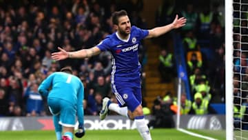 LONDON, ENGLAND - FEBRUARY 25: Cesc Fabregas of Chelsea celebrates scoring his sides first goal during the Premier League match between Chelsea and Swansea City at Stamford Bridge on February 25, 2017 in London, England. (Photo by Clive Rose/Getty Images)