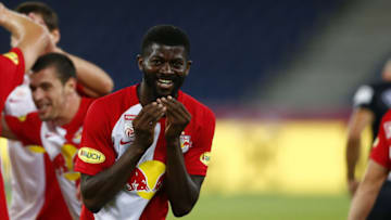 SALZBURG, AUSTRIA - JULY 1: Jerome Onguene of Salzburg celebrates after scoring during the tipico Bundesliga match between Red Bull Salzburg and SK Sturm Graz at Red Bull Arena on July 1, 2020 in Salzburg, Austria. (Photo by David Geieregger/SEPA.Media /Getty Images)