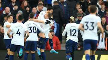 Tottenham Hotspur's South Korean striker Son Heung-Min (4L) celebrates scoring the team's third goal during the English Premier League football match between Aston Villa and Tottenham Hotspur at Villa Park in Birmingham, central England on April 9, 2022. - RESTRICTED TO EDITORIAL USE. No use with unauthorized audio, video, data, fixture lists, club/league logos or 'live' services. Online in-match use limited to 120 images. An additional 40 images may be used in extra time. No video emulation. Social media in-match use limited to 120 images. An additional 40 images may be used in extra time. No use in betting publications, games or single club/league/player publications. (Photo by Lindsey Parnaby / AFP) / RESTRICTED TO EDITORIAL USE. No use with unauthorized audio, video, data, fixture lists, club/league logos or 'live' services. Online in-match use limited to 120 images. An additional 40 images may be used in extra time. No video emulation. Social media in-match use limited to 120 images. An additional 40 images may be used in extra time. No use in betting publications, games or single club/league/player publications. / RESTRICTED TO EDITORIAL USE. No use with unauthorized audio, video, data, fixture lists, club/league logos or 'live' services. Online in-match use limited to 120 images. An additional 40 images may be used in extra time. No video emulation. Social media in-match use limited to 120 images. An additional 40 images may be used in extra time. No use in betting publications, games or single club/league/player publications. (Photo by LINDSEY PARNABY/AFP via Getty Images)