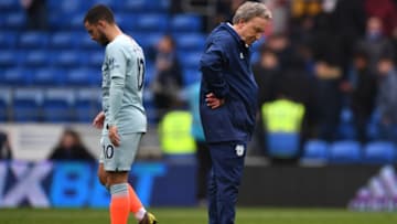 CARDIFF, WALES - MARCH 31: Cardiff manager Neil Warnock reacts as Eden Hazard walks off the pitch after the Premier League match between Cardiff City and Chelsea FC at Cardiff City Stadium on March 31, 2019 in Cardiff, United Kingdom. (Photo by Stu Forster/Getty Images)