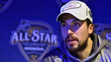 Jan 29, 2016; Nashville, TN, USA; Metropolitan Division defenseman Justin Faulk (27) of the Carolina Hurricanes during media day for the 2016 NHL All Star Game at Bridgestone Arena. Mandatory Credit: Christopher Hanewinckel-USA TODAY Sports