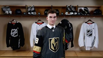 DALLAS, TX - JUNE 23: Ivan Morozov poses for a portrait after being selected 61st overall by the Vegas Golden Knights during the 2018 NHL Draft at American Airlines Center on June 23, 2018 in Dallas, Texas. (Photo by Jeff Vinnick/NHLI via Getty Images)