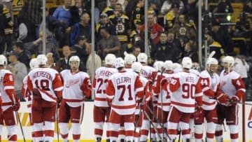 Oct 14, 2013; Boston, MA, USA; The Detroit Red Wings celebrate their 3-2 victory over the Boston Bruins during the third period at TD Banknorth Garden. Mandatory Credit: Bob DeChiara-USA TODAY Sports