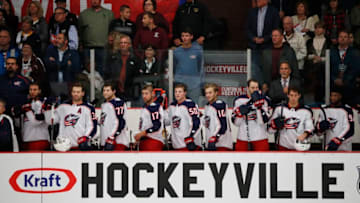 CLINTON, NY - SEPTEMBER 25: The Columbus Blue Jackets stand for the national anthem before a preseason game against the Buffalo Sabres during the NHL Kraft Hockeyville USA at Clinton Arena on September 25, 2018 in Clinton, New York. (Photo by Patrick McDermott/NHLI via Getty Images)