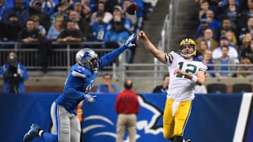 Dec 3, 2015; Detroit, MI, USA; Detroit Lions defensive end Ezekiel Ansah (94) pressures Green Bay Packers quarterback Aaron Rodgers (12) during the second quarter against the Detroit Lions at Ford Field. Mandatory Credit: Tim Fuller-USA TODAY Sports