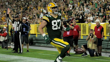 GREEN BAY, WISCONSIN - AUGUST 29: Jace Sternberger #87 of the Green Bay Packers scores a touchdown in the second quarter against the Kansas City Chiefs during a preseason game at Lambeau Field on August 29, 2019 in Green Bay, Wisconsin. (Photo by Dylan Buell/Getty Images)