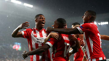 EINDHOVEN, NETHERLANDS - AUGUST 29: Steven Bergwijn of PSV celebrates scoring the first goal during the UEFA Champions League Play-off second leg match between PSV Eindhoven and BATE Borisov at the Phillips Stadium on August 29, 2018 in Eindhoven, Netherlands. (Photo by Dean Mouhtaropoulos/Getty Images)
