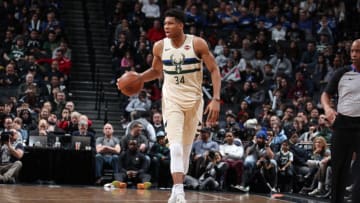 BROOKLYN, NY - FEBRUARY 4: Giannis Antetokounmpo #34 of the Milwaukee Bucks handles the ball against the Brooklyn Nets on February 4, 2018 at Barclays Center in Brooklyn, New York. NOTE TO USER: User expressly acknowledges and agrees that, by downloading and/or using this photograph, user is consenting to the terms and conditions of the Getty Images License Agreement. Mandatory Copyright Notice: Copyright 2018 NBAE (Photo by Nathaniel S. Butler/NBAE via Getty Images)