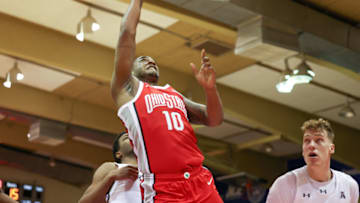 LAHAINA, HI - NOVEMBER 22: Brice Sensabaugh #10 of the Ohio State Buckeyes shoots from under the basket in the first half of the game against the Cincinnati Bearcats during the Maui Invitational at Lahaina Civic Center on November 22, 2022 in Lahaina, Hawaii. (Photo by Darryl Oumi/Getty Images)