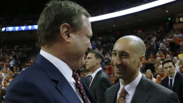 AUSTIN, TX - DECEMBER 29: Head coach Shaka Smart of the Texas Longhorns and head coach Bill Self of the Kansas Jayhawks meet before the game at the Frank Erwin Center on December 29, 2017 in Austin, Texas. (Photo by Chris Covatta/Getty Images)