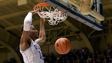 DURHAM, NC - NOVEMBER 20: Javin DeLaurier #12 of the Duke Blue Devils dunks against the Furman Paladins during their game at Cameron Indoor Stadium on November 20, 2017 in Durham, North Carolina. (Photo by Grant Halverson/Getty Images)
