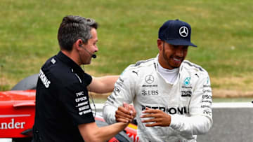 NORTHAMPTON, ENGLAND - JULY 15: Pole position qualifier Lewis Hamilton of Great Britain and Mercedes GP celebrates in parc ferme after qualifying for the Formula One Grand Prix of Great Britain at Silverstone on July 15, 2017 in Northampton, England. (Photo by Dan Mullan/Getty Images)