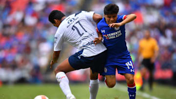 MEXICO CITY, MEXICO - JULY 21: Hugo Rodriguez of Puebla struggles for the ball with Josue Dominguez of Cruz Azul during the 1st round match between Cruz Azul and Puebla as part of the Torneo Apertura 2018 Liga MX at Azteca Stadium on July 21, 2018 in Mexico City, Mexico. (Photo by Hector Vivas/Getty Images)