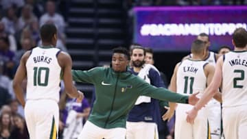 SACRAMENTO, CA - OCTOBER 17: Donovan Mitchell #45 of the Utah Jazz congratulates Alec Burks #10 and Joe Ingles #2 during their game against the Sacramento Kings at Golden 1 Center on October 17, 2018 in Sacramento, California. NOTE TO USER: User expressly acknowledges and agrees that, by downloading and or using this photograph, User is consenting to the terms and conditions of the Getty Images License Agreement. (Photo by Ezra Shaw/Getty Images)