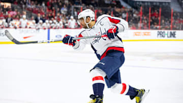 OTTAWA, ON - JANUARY 31: Washington Capitals Left Wing Alex Ovechkin (8) follows through on a shot during third period National Hockey League action between the Washington Capitals and Ottawa Senators on January 31, 2020, at Canadian Tire Centre in Ottawa, ON, Canada. (Photo by Richard A. Whittaker/Icon Sportswire via Getty Images)