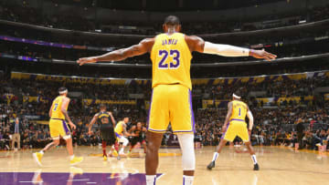 LOS ANGELES, CA - JANUARY 13: LeBron James #23 of the Los Angeles Lakers plays defense during the game against the Cleveland Cavaliers on January 13, 2020 at STAPLES Center in Los Angeles, California. NOTE TO USER: User expressly acknowledges and agrees that, by downloading and/or using this Photograph, user is consenting to the terms and conditions of the Getty Images License Agreement. Mandatory Copyright Notice: Copyright 2020 NBAE (Photo by Andrew D. Bernstein/NBAE via Getty Images)