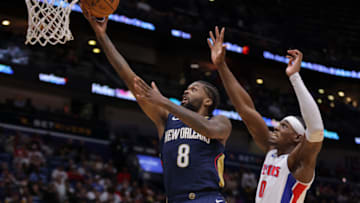 Naji Marshall #8 of the New Orleans Pelicans shoots against Jalen Duren #0 of the Detroit Pistons (Photo by Jonathan Bachman/Getty Images)