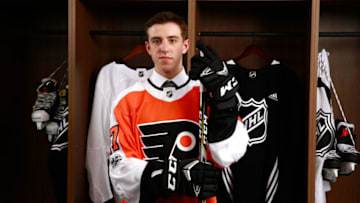 CHICAGO, IL - JUNE 23: Morgan Frost, 27th overall pick of the Philadelphia Flyers, poses for a portrait during Round One of the 2017 NHL Draft at United Center on June 23, 2017 in Chicago, Illinois. (Photo by Jeff Vinnick/NHLI via Getty Images)
