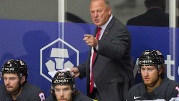 RIGA, LATVIA - JUNE 03: Head coach Gerard Gallant of Canada reacts during the 2021 IIHF Ice Hockey World Championship Quarter Final game between Russia and Canada at Olympic Sports Centre on June 3, 2021 in Riga, Latvia. (Photo by EyesWideOpen/Getty Images)