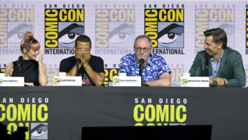 SAN DIEGO, CALIFORNIA - JULY 19: (L-R) Maisie Williams, Jacob Anderson, Liam Cunningham, and Nikolaj Coster-Waldau speak at the "Game Of Thrones" Panel And Q&A during 2019 Comic-Con International at San Diego Convention Center on July 19, 2019 in San Diego, California. (Photo by Kevin Winter/Getty Images)