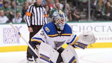 Nov 3, 2016; Dallas, TX, USA; St. Louis Blues goalie Jake Allen (34) faces the Dallas Stars attack during the second period at the American Airlines Center. Mandatory Credit: Jerome Miron-USA TODAY Sports