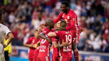 HARRISON, NJ - SEPTEMBER 22: Alejandro Romero Gamarra #10 of New York Red Bulls and teammates celebrate his goal during the 2nd half of the Major League Soccer match between Toronto FC and New York Red Bulls at Red Bull Arena on September 22, 2018 in Harrison, NJ, USA. The Red Bulls won the match wit a score of 2 to 0. (Photo by Ira L. Black/Corbis via Getty Images)