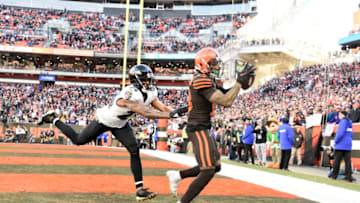 CLEVELAND, OHIO - DECEMBER 22: Odell Beckham Jr. #13 of the Cleveland Browns catches a touchdown pass against Marcus Peters #24 of the Baltimore Ravens during the fourth quarter in the game at FirstEnergy Stadium on December 22, 2019 in Cleveland, Ohio. (Photo by Jason Miller/Getty Images)