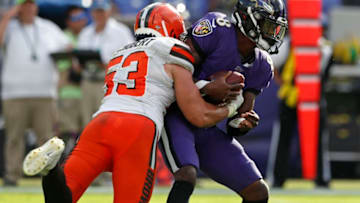 BALTIMORE, MARYLAND - SEPTEMBER 29: Middle Linebacker Joe Schobert #53 of the Cleveland Browns sacks quarterback Lamar Jackson #8 of the Baltimore Ravens in the second half at M&T Bank Stadium on September 29, 2019 in Baltimore, Maryland. (Photo by Todd Olszewski/Getty Images)