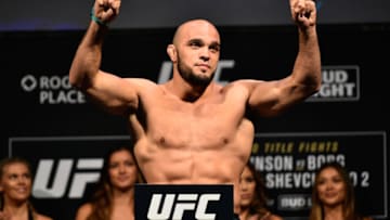 EDMONTON, AB - SEPTEMBER 08: Ilir Latifi of Sweden poses on the scale during the UFC 215 weigh-in inside the Rogers Place on September 8, 2017 in Edmonton, Alberta, Canada. (Photo by Jeff Bottari/Zuffa LLC/Zuffa LLC via Getty Images)