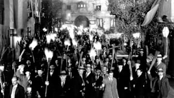 An angry mob holding torches in a still from the film, 'Frankenstein,' directed by James Whale, 1931. (Photo by Getty Images)