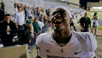 Sep 3, 2021; Evanston, Illinois, USA; Michigan State Spartans running back Kenneth Walker III (9) celebrates their victory after the game at Ryan Field. The Michigan State Spartans won 38-21. Mandatory Credit: Jon Durr-USA TODAY Sports