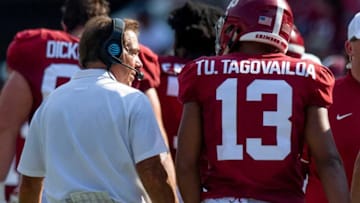 Alabama head coach Nick Saban talks with Alabama quarterback Tua Tagovailoa (13) during the New Mexico State game at Bryant-Denny Stadium in Tuscaloosa, Ala., on Saturday September 7, 2019.Uaseason017
