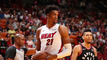 MIAMI, FL - MARCH 10: Hassan Whiteside #21 of the Miami Heat stares on during the game against the Toronto Raptors on March 10, 2019 at American Airlines Arena in Miami, Florida. NOTE TO USER: User expressly acknowledges and agrees that, by downloading and or using this Photograph, user is consenting to the terms and conditions of the Getty Images License Agreement. Mandatory Copyright Notice: Copyright 2019 NBAE (Photo by Issac Baldizon/NBAE via Getty Images)