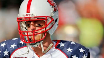 Jan 26, 2013; Mobile, AL, USA; Senior Bowl north squad quarterback Mike Glennon of North Carolina State (8) prior to kickoff of a game against the Senior Bowl south squad at Ladd-Peebles Stadium. Mandatory Credit: Derick E. Hingle-USA TODAY Sports