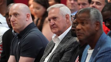LOS ANGELES, CA - JULY 24: Jerry West, center, attends a Clippers press conference for new players Paul George and Kawhi Leonard at the Green Meadows Recreation Center in Los Angeles on Wednesday, July 24, 2019. George and Leonard were introduced to the media and fans as the newest members of the Clippers. (Photo by Scott Varley/MediaNews Group/Daily Breeze via Getty Images)