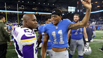 DETROIT, MI - NOVEMBER 23: Marvin Jones Jr. #11 of the Detroit Lions and Terence Newman #23 of the Minnesota Vikings talk after an NFL game at Ford Field on November 23, 2016 in Detroit, Michigan. The Vikings defeated the Lions 30-23. (Photo by Dave Reginek/Getty Images)
