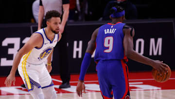 Detroit Pistons forward Jerami Grant (9) is defended by Golden State Warriors guard Stephen Curry Credit: Rick Osentoski-USA TODAY Sports