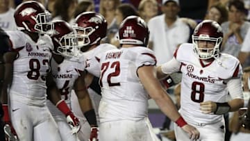 Sep 10, 2016; Fort Worth, TX, USA; Arkansas Razorbacks quarterback Austin Allen (8) celebrates after scoring a two point conversion during the second half against the TCU Horned Frogs at Amon G. Carter Stadium. Mandatory Credit: Kevin Jairaj-USA TODAY Sports