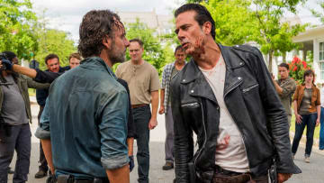 Aaron (Ross Marquand), Rick Grimes (Andrew Lincoln) and Negan (Jeffrey Dean Morgan) in The Walking Dead S7E8Photo credit: Gene Page/AMC