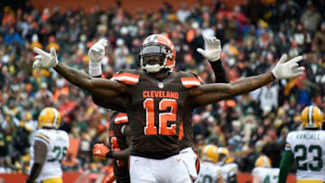 CLEVELAND, OH - DECEMBER 10: Josh Gordon #12 of the Cleveland Browns celebrates a touchdown in the first quarter against the Green Bay Packers at FirstEnergy Stadium on December 10, 2017 in Cleveland, Ohio. (Photo by Jason Miller/Getty Images)